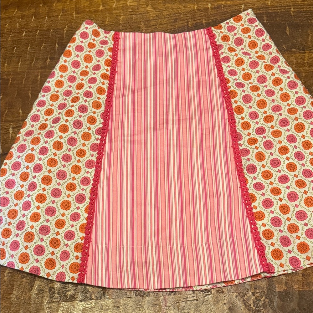 Sashays Floral & Striped A-Line Skirt | Pink & Orange Patchwork | Size Small